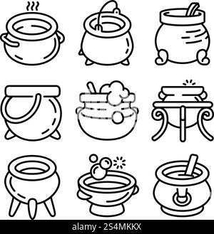 Icônes de chaudron définies. Ensemble de contour d'icônes vectorielles de chaudron pour la conception de Web isolé sur fond blanc. Icônes de chaudron définies, style de contour Illustration de Vecteur