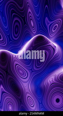 Image 3D vibrante capturant des vagues hypnotiques et tourbillonnantes dans les tons de violet et de bleu, idéal pour les arrière-plans et les dessins abstraits. Banque D'Images