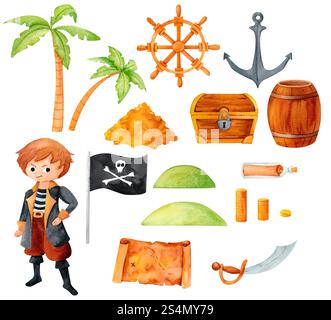 Ensemble pirate avec un garçon, sabre, coffre au trésor, vieille carte, ancre, roue de bateau, drapeau de Jolly Roger, palmiers, pièces d'or, un tonneau, message dans un bot Banque D'Images