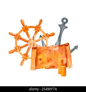 Une carte au trésor, une ancre et une roue de navire, capturant l'essence de l'aventure en haute mer. Illustration aquarelle pour les décorations à thème nautique, fête Banque D'Images
