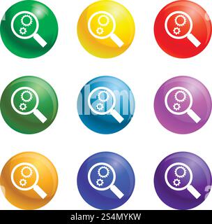Équipement sur les icônes de loupe vecteur 9 ensemble de couleurs isolé sur fond blanc pour n'importe quelle conception de Web. Engrenage sur les icônes de loupe définir vecteur Illustration de Vecteur