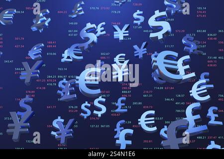 Les symboles de monnaie d'argent du dollar américain, de la livre sterling, de l'euro et du yen japonais tombent devant un mur de cours boursiers. Banque D'Images