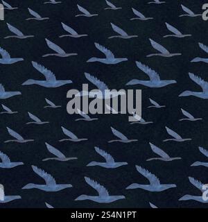 Oiseaux volants, Gees modèle sans couture sur fond bleu foncé. Haute qualité aquarelle dessinée à la main illustration plate simple pour les paysages, scrapbooking Banque D'Images