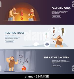 Homme des cavernes et femme dans la période préhistorique. Bannières définies avec place pour votre texte. Femme primitive et néandertal avec arme, illustration vectorielle. Homme des cavernes et femme dans la période préhistorique. Bannières définies avec place pour votre texte Illustration de Vecteur