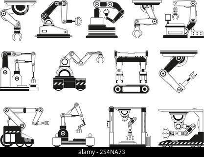 Mains robotiques pour l'industrie manufacturière. Images monochromes équipement robot industriel pour la production. Illustration vectorielle. Mains robotiques pour l'industrie manufacturière. Images monochromes Illustration de Vecteur