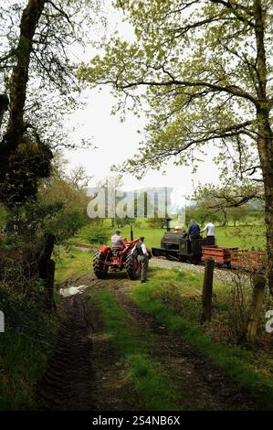 « Winifred » avec un train de chariots en ardoise passant devant un tracteur d'époque et des ré-acteurs entre Ysgubor FIAS et Pentrpiod halt. Banque D'Images