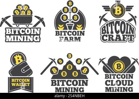 Étiquettes ou logos pour entreprises. Badges monochromes pour l'industrie de la crypto-monnaie. Étiquette de minage de crypto vecteur, illustration de ferme bitcoin numérique de financement. Étiquettes ou logos pour entreprises. Badges monochromes pour l'industrie de la crypto-monnaie Illustration de Vecteur