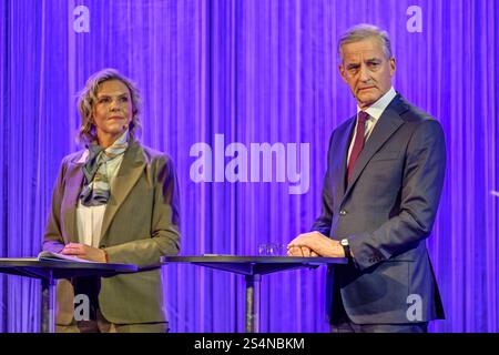 Sola 20250113. Le premier ministre norvégien Jonas Gahr Store (AP) et le leader Sylvi Listhaug (FRP) entameront l'année électorale 2025 par un débat et un duel du premier ministre à Rogaland, au Solamotet, au Clarion Hotel Air de Stavanger. Photo : Carina Johansen / NTB Banque D'Images