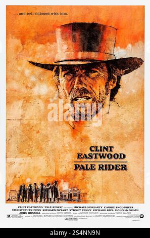 Pale Rider (1985) réalisé par Clint Eastwood avec Clint Eastwood, Michael Moriarty et Carrie Snodgress. Un mystérieux prédicateur arrive dans une ville minière pour protéger les prospecteurs d'une compagnie minière impitoyable. Photographie d'une affiche originale américaine d'une feuille de 1985 présentant une œuvre d'art de C.M. Dudash À USAGE ÉDITORIAL EXCLUSIF. Crédit : BFA / Warner Bros Banque D'Images