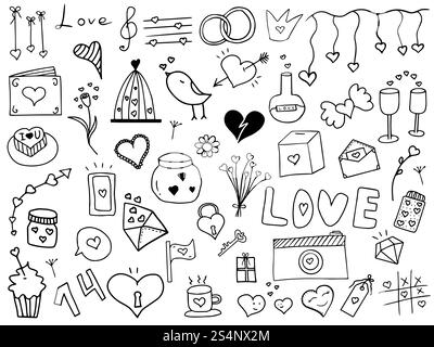 Eléments isolés sur fond blanc. Un pot de voeux, un jeu de TIC-tac-toe, des coeurs sur un ruban, une tasse avec de la mousse luxuriante et des biscuits. Vecteur. Doodle. Illustration de Vecteur