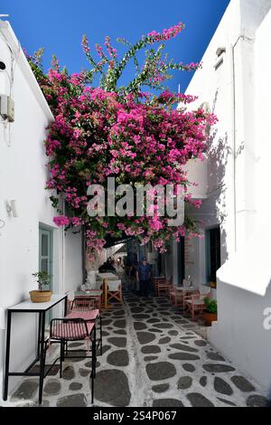 Parikia, Grèce - 17 septembre 2024 : des inconnus se promènent dans la ville pittoresque avec des tables et des chaises d'un restaurant grec dans l'étroite al Banque D'Images