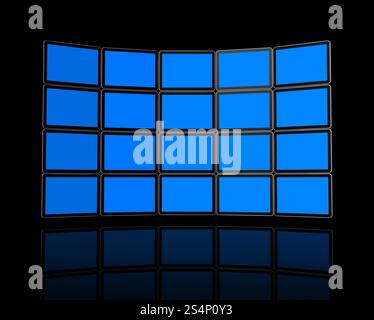 Panneau 3D / mur d'écrans plats tv, isolé sur noir. Avec 2 chemins de détourage : chemin de détourage global de la scène et chemin de détourage des écrans pour placer votre Banque D'Images