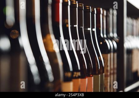 Rangée de bouteilles de vin alignées sur l'étagère de stockage moderne à la lumière ambiante Dusk Banque D'Images
