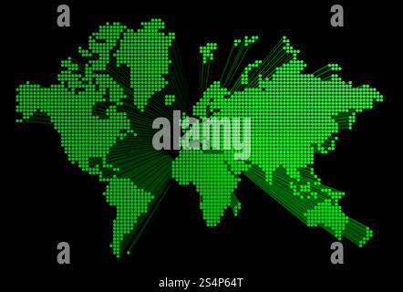 carte du monde tridimensionnelle tachetée verte isolée sur fond noir. carte du monde verte tridimensionnelle Banque D'Images