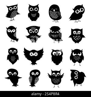 Ensemble silhouettes de hibou noir et blanc. Animal oiseau hibou, illustration de chouette blanche noire. Ensemble silhouettes de hibou noir et blanc Illustration de Vecteur