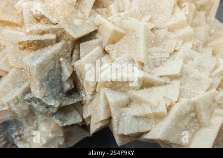 Calcite, druse de cristaux rhomboédriques avec saupoudrage d'apophyllite. Texture abstraite de photo de fond minéral naturel Banque D'Images