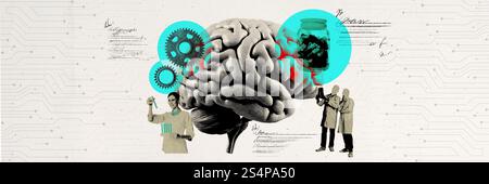 Image conceptuelle du cerveau avec engrenages mécaniques et équipements scientifiques, représentant l'intersection des neurosciences et de la technologie. Création conceptuelle. Banque D'Images