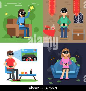 Différentes images conceptuelles de personnes drôles dans le casque de vr jouant dans les jeux. Casque de dispositif de réalité virtuelle vectoriel, casque pour illustration vr de jeu. Différentes images conceptuelles de personnes drôles dans le casque de vr jouant dans les jeux Illustration de Vecteur