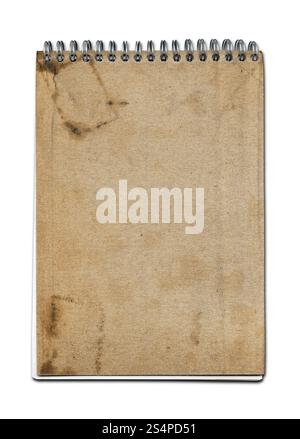 Grunge spiral notebook, fermer le couvercle de papier brun, isolated on white with clipping path Banque D'Images