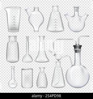 EQUIPEMENT pour laboratoire chimique. Différents flacons et bocaux. Illustrations vectorielles réalistes. Laboratoire de verre chimique pour l'expérience scientifique. EQUIPEMENT pour laboratoire chimique. Différents flacons et bocaux. Illustrations vectorielles réalistes Illustration de Vecteur