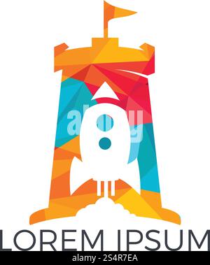 Château de vecteur et rocket combinaison logo. Tour et symbole de l'avion ou de l'icône. Forteresse unique et logotype de vol modèle. Illustration de Vecteur