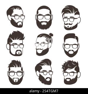 Beaux visages d'homme hipster barbu avec moustache et avatars vectoriels masculins modernes isolés. Visage avec barbe et moustache, illustration de personnage silhouette de gentleman. Beaux visages d'homme hipster barbu avec moustache et avatars vectoriels masculins modernes isolés Illustration de Vecteur