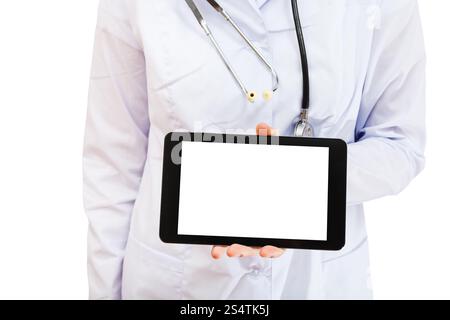 Infirmière tablet pc avec écran blanc isolé sur fond blanc Banque D'Images