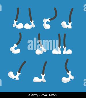 Jambes de dessin animé dans diverses poses. Pied et jambe comiques en chaussures blanches. Collection vectorielle de parties du corps. Patte de pied de dessin animé, illustration de marche de chaussures. Jambes de dessin animé dans diverses poses. Pied et jambe comiques en chaussures blanches. Collection vectorielle de parties du corps Illustration de Vecteur