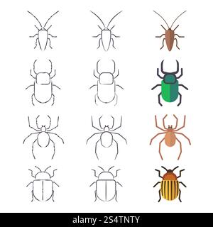Croquis au crayon, coléoptères en ligne et plats, cafard et araignée. Illustration vectorielle. Coléoptères de ligne et plats, cafard et araignée Illustration de Vecteur