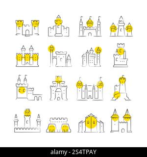 Esquissez les icônes des châteaux et des bastions avec des ronds jaunes. Illustration vectorielle. Icônes des châteaux et des bastions Illustration de Vecteur