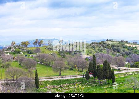 Paysage avec la zone archéologique de Morgantina en Sicile au printemps, Italie Banque D'Images