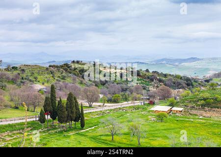 Paysage avec la zone archéologique de Morgantina en Sicile au printemps, Italie Banque D'Images