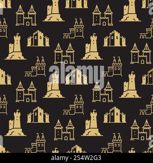 Châteaux et forteresse, bastions sur fond noir sans couture. motif. Illustration vectorielle. Châteaux, forteresse, bastions modèle sans couture Illustration de Vecteur
