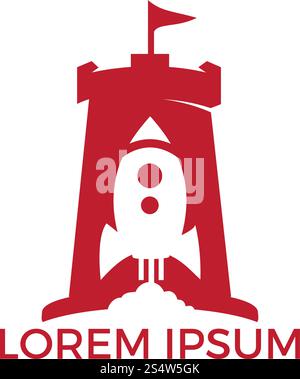 Château de vecteur et rocket combinaison logo. Tour et symbole de l'avion ou de l'icône. Forteresse unique et logotype de vol modèle. Illustration de Vecteur