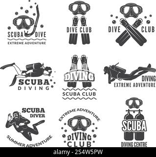 Étiquettes ou logos pour club de plongée. Ensemble d'images vectorielles de plongeurs et de différents équipements spécifiques. Illustration de plongée sous-marine avec tuba, emblème du sport de loisir. Étiquettes ou logos pour club de plongée. Ensemble d'images vectorielles de plongeurs et de différents équipements spécifiques Illustration de Vecteur
