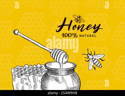 Fond de vecteur avec des éléments de thème de miel profilés esquissés sur fond de nids d'abeilles. Nourriture en nid d'abeille et miel, illustration organique apicole. Fond de vecteur avec des éléments de thème de miel profilés esquissés sur fond de nids d'abeilles Illustration de Vecteur
