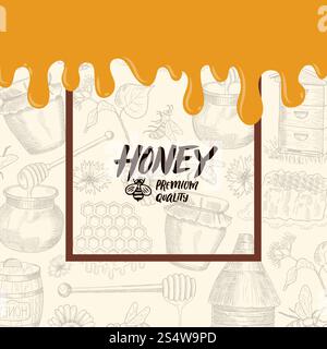 Fond de vecteur avec des éléments de miel esquissés, illustration de bannière de miel goutte à goutte. Fond de vecteur avec des éléments de miel esquissés Illustration de Vecteur