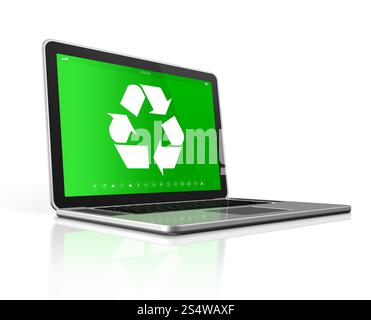 Ordinateur portable 3D avec un symbole de recyclage sur l'écran. concept de conservation de l'environnement. Ordinateur portable avec un symbole de recyclage à l'écran. conservation de l'environnement Banque D'Images