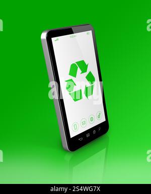 Smartphone 3D avec un symbole de recyclage à l'écran. concept écologique. Smartphone avec un symbole de recyclage à l'écran. concept écologique Banque D'Images