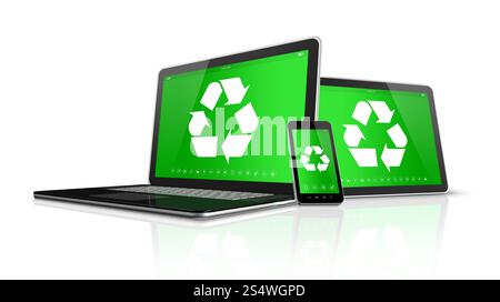 Tablette PC portable 3D et smartphone avec un symbole de recyclage à l'écran. concept de conservation de l'environnement. PC portable, tablette et smartphone avec un Banque D'Images