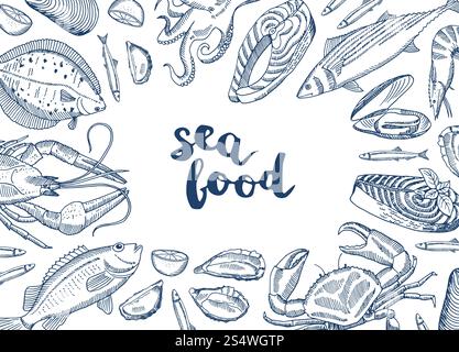 Illustration de fond de vecteur avec des éléments de fruits de mer dessinés à la main rassemblés autour du lettrage. Illustration de fond de vecteur avec des éléments de fruits de mer dessinés à la main Illustration de Vecteur