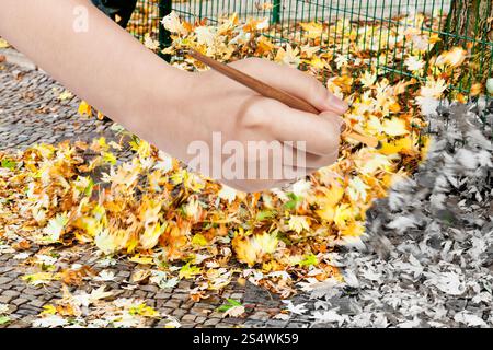 Concept nature - la main avec des peintures pinceau jaune sur les feuilles tombées à l'automne de la rue Banque D'Images