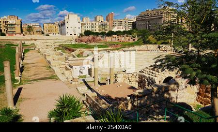 Vue de l'amphithéâtre romain, datant entre le 1er et le 4ème siècle après JC dans la région de Kom El Dikka à Alexandrie, Egypte Banque D'Images