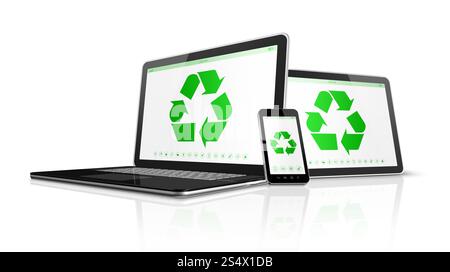 Appareils électroniques 3D avec un symbole de recyclage à l'écran. concept de conservation de l'environnement. Appareils électroniques avec un symbole de recyclage à l'écran. Banque D'Images