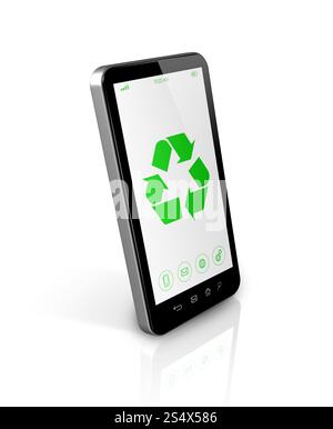 Smartphone 3D avec un symbole de recyclage sur l'écran. concept de conservation de l'environnement. Smartphone avec un symbole de recyclage à l'écran. environnement Banque D'Images