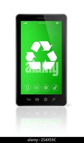 Smartphone 3D avec un symbole de recyclage à l'écran. concept de conservation de l'environnement. Smartphone avec un symbole de recyclage à l'écran. environnement Banque D'Images