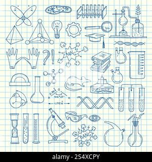 Éléments de science ou de chimie esquissés vectoriels définis sur l'illustration de feuille de cellules. Ensemble d'éléments scientifiques ou chimiques esquissés vectoriels Illustration de Vecteur