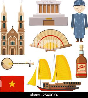 Différentes images des symboles du Vietnam isolent sur fond blanc. Monument de construction du vietnam, rhum et temple vietnamien, illustration musicale d'instrument. Différentes images des symboles du Vietnam isolent sur fond blanc Illustration de Vecteur