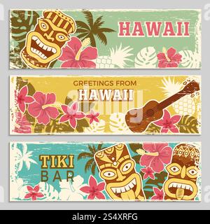 Bannières horizontales avec des illustrations de dieux tribaux hawaïens et d'autres symboles différents. Fête d'été hawaïenne, bannière avec tiki et vecteur de palme. Bannières horizontales avec des illustrations de dieux tribaux hawaïens et d'autres symboles différents Illustration de Vecteur