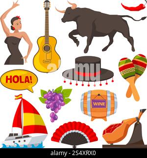 Photos de voyage d'objets culturels d'espagne. Les illustrations de style dessin animé isolent. Vecteur de tourisme de culture espagnole, objet de guitare vin et de la nourriture. Photos de voyage d'objets culturels d'espagne. Les illustrations de style dessin animé isolent Illustration de Vecteur